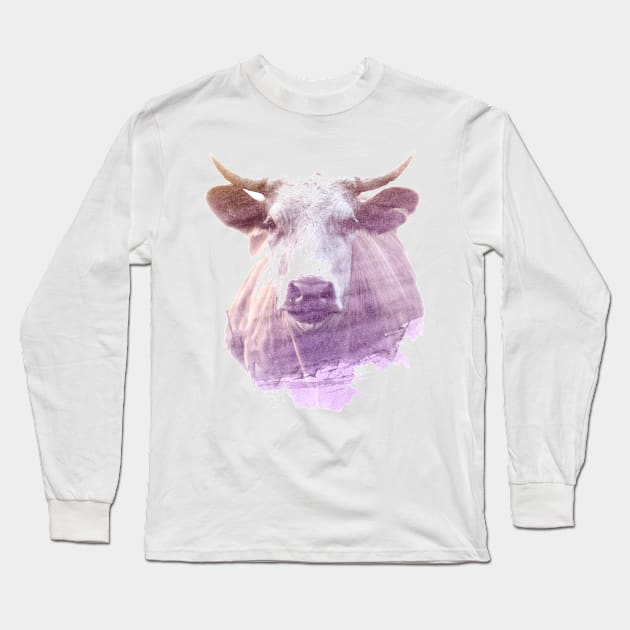 Cow Superimposed Watercolor Long Sleeve T-Shirt by deificusArt